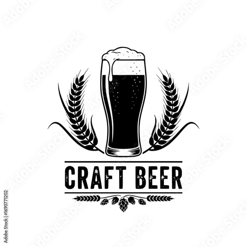 Vintage style illustration of a frothy glass of craft beer with barley and hops presented as a silhouette isolated on transparent background