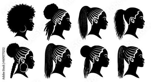 Collection of diverse black female hairstyles and profiles depicted as striking silhouettes against a transparent background showcasing intricate braiding and natural hair textures isolated on transpa