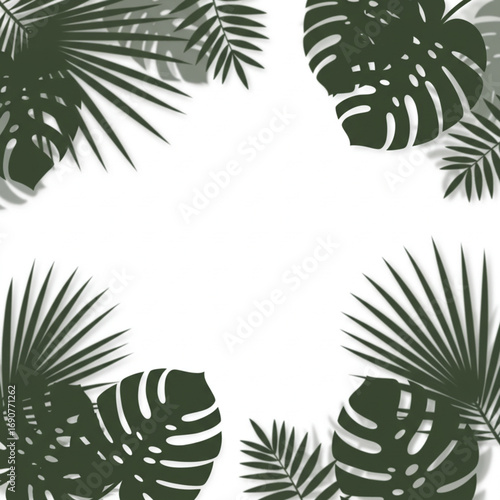 "Vector black shadows of tropical leaves with blurred edges on white, ideal for mockups and design overlays."