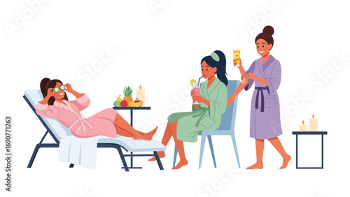 Three women in bathrobes enjoying a spa day with facial masks and refreshing drinks in a serene relaxation area