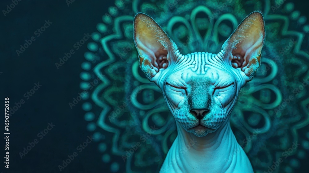 Obraz premium A hairless sphynx cat meditating amidst glowing holographic mandalas, mystical sci-fi fusion, ethereal blues and greens.