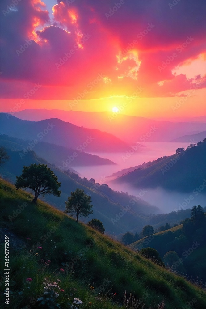 Obraz premium Serene sunrise over rolling hills, mist clinging to valleys, ancient trees silhouetted against the vibrant sky A tranquil scene embodying the essence of Eastern earth , vegetation, countryside