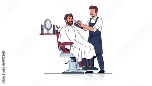 Professional barber meticulously trimming a client s beard with clippers in a classic barbershop setting with vintage tools on a shelf