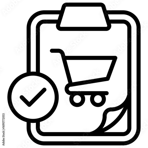 Order Checklist Outline Icon Design Vector - Clipboard with shopping cart and check mark, representing purchase order confirmation