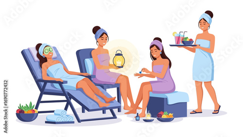 Relaxing spa day with facials massages and refreshments for women enjoying pampering treatments in a serene atmosphere