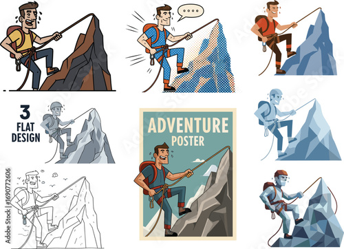 Cartoon Male Climbers Scaling Mountains in Various Styles, Adventure Sports Illustrations with Ropes, Rocks, and Outdoor Gear