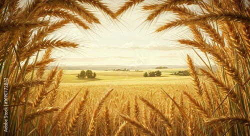 Golden Wheat Field Frames Distant Rolling