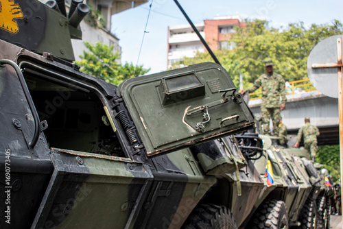Military tank with open door, Armored vehicle of Colombian army, Armed forces in operation in Colombia. High quality photo