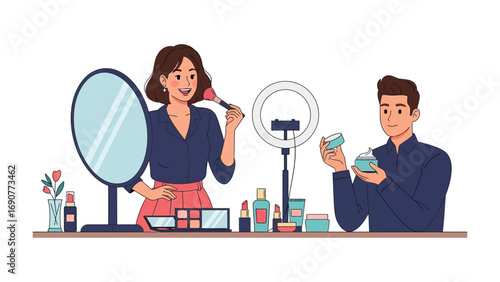 Diverse couple applying makeup and skincare products in front of a ring light for a beauty tutorial or vlog