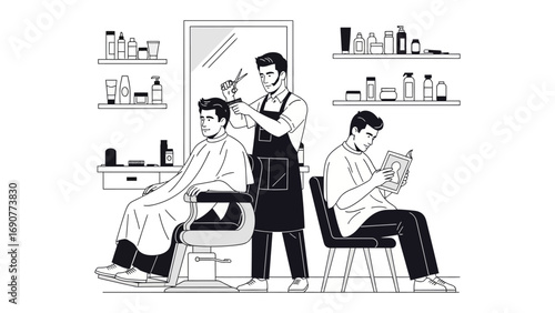 Skilled barber meticulously cuts hair of a client in a vintage barbershop while another man waits reading a newspaper