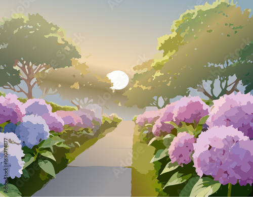 夕日とアジサイの風景