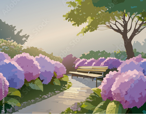 夕日とアジサイの風景