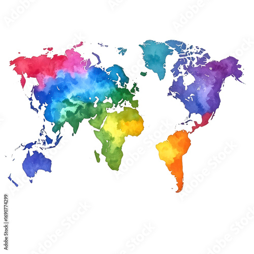 Watercolor World Map with Rainbow Hues and Transparent Background for Global Awareness