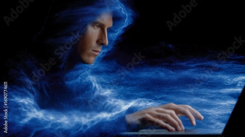 Digital Ghostly Hacker Figure Surrounded by Starry Aura Interacting with Laptop