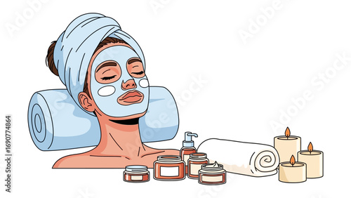 Woman with face mask and towel on head relaxing with skincare products and candles for a spa treatment at home