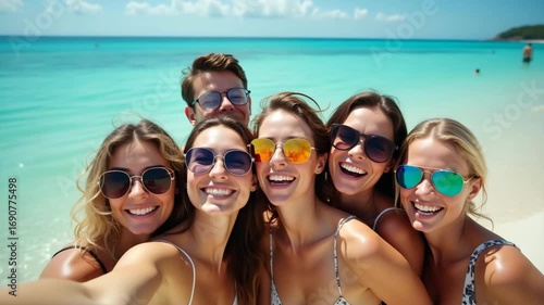 Vibrant selfie of five friends laughing together with turquoise water backdrop under midday sun capturing joyful group selfie beach moment in  Photo Stock  Concept  and empty space on the left side
