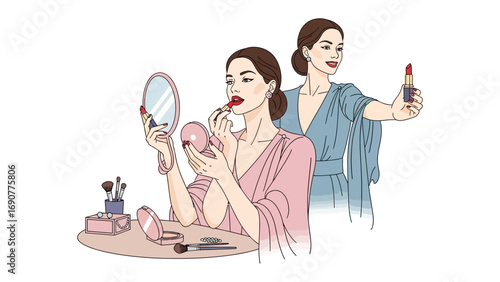 Two elegant women applying makeup and lipstick in front of a mirror preparing for a special event or evening out