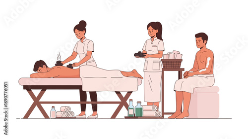 Professional spa therapists perform relaxing body treatments and massages for male and female clients in a serene wellness center environment