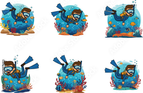 Cartoon Scuba Diver Exploring Underwater Coral Reef with Fish and Bubbles, Snorkeling Adventure Vector Illustration Set for Kids