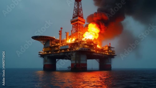 An oil rig on fire in the middle of the ocean
