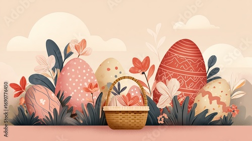 Pastel Easter Eggs and Flowers with Woven Basket Springtime Illustration Featuring Delicate Pink Peach and Cream Colored Eggs Nestled Among Lush