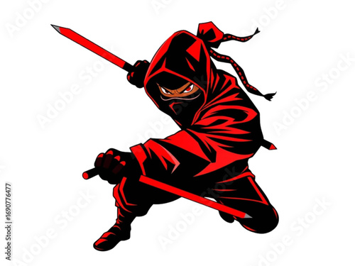 This New Vector-Style Silhouette of an Angry Ninja is a Masterful Blend of Red and Black, Designed to Convey Strength and Aggression on a Transparent Background.