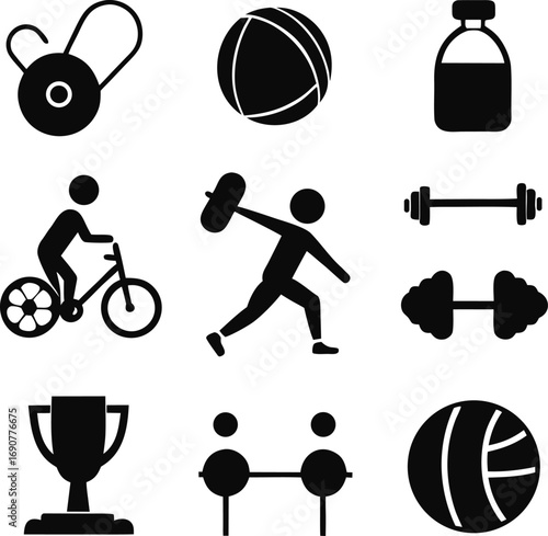 Collection of black sport icons depicting various athletic activities and equipment for fitness and competition on a white background