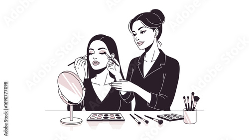 Professional makeup artist applying eyeshadow to a client using a brush and mirror in a studio setting with makeup tools