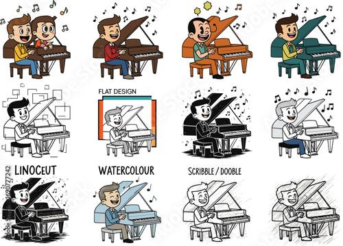 Cartoon Kids and Boys Playing Piano in Various Art Styles, Musical Performance Illustration Set, Flat, Scribble, Watercolor
