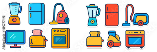 Colorful icon set of household appliances including blender, refrigerator, vacuum cleaner, television, toaster, and oven