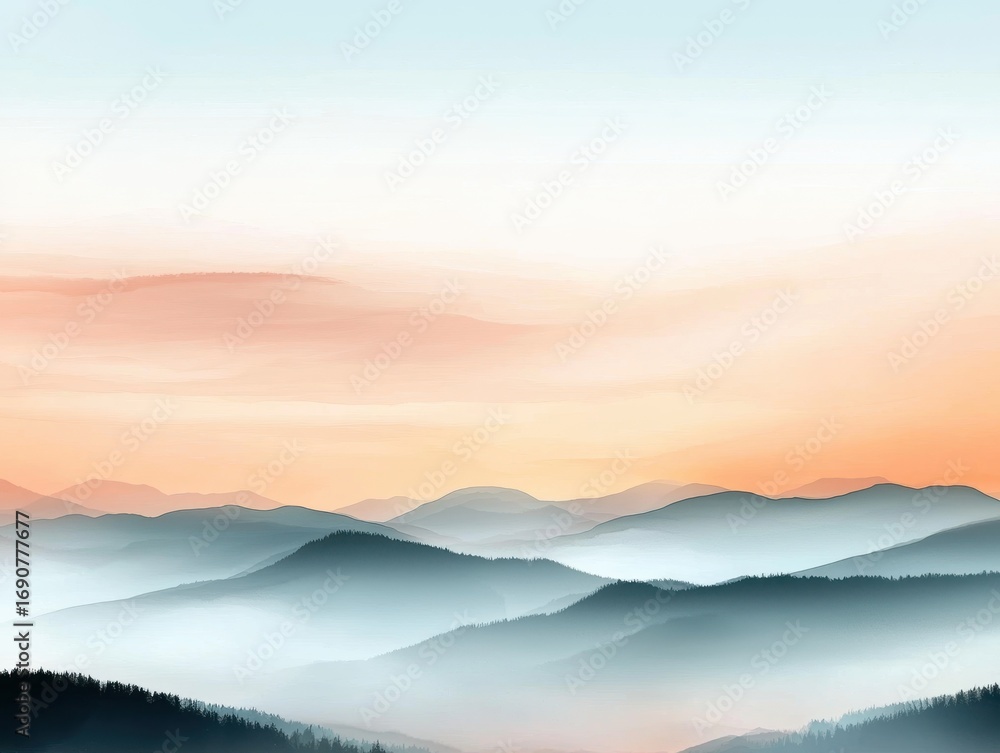 Fototapeta premium A soft sunrise over mountains, warm pastel gradients, flowing light patterns, serene and natural, watercolor vibes.
