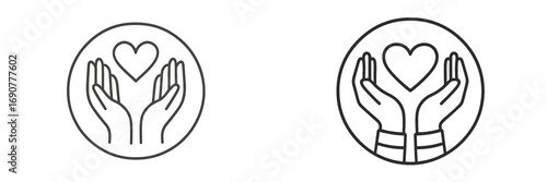 Hands holding a heart icon set for charity and donation concepts, simple line art symbol of love, care, and support for health and volunteering