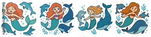 Set of cute cartoon mermaids swimming with dolphins and whales in the ocean, a collection of fantasy sea characters