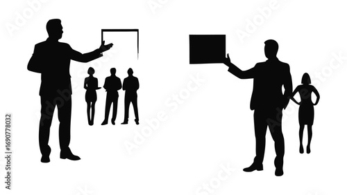 Vector silhouettes of business people making presentations and showing reports