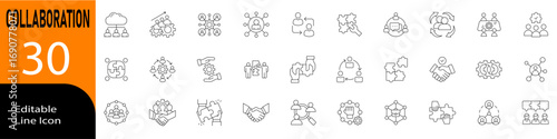 Minimalist Collaboration icon set in line vector style with modern minimal design showing teamwork, partnership, cooperation, communication, brainstorming, joint effort and business concepts