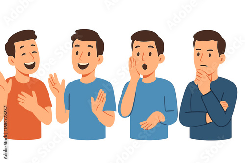 Male character with different facial expressions and body language including laughing, surprised, and pensive poses isolated on a white background