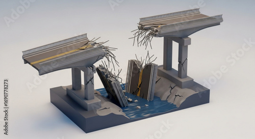 A miniature model of a collapsed bridge with broken concrete and exposed rebar, showcasing the aftermath of a structural failure or disaster