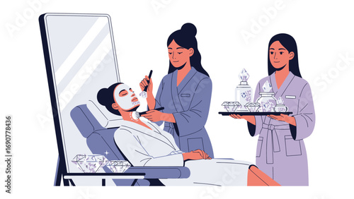 Aesthetician applying facial mask to a woman relaxing in a spa chair with a large mirror and beauty products on a tray