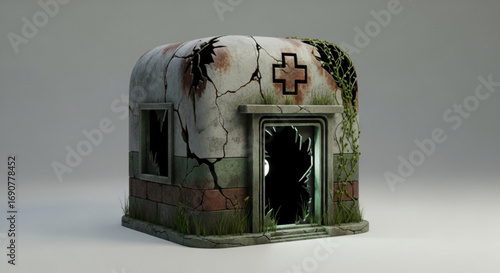 A small, abandoned medical clinic with a broken window and overgrown vegetation