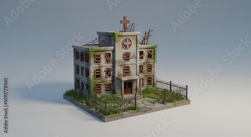 A dilapidated hospital building with broken windows and overgrown vegetation, creating a sense of abandonment