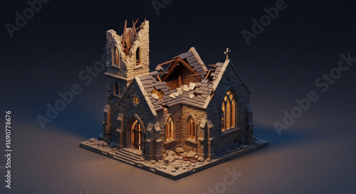 A miniature ruined church stands in the dark, with light shining through its broken windows, creating a sense of mystery and decay