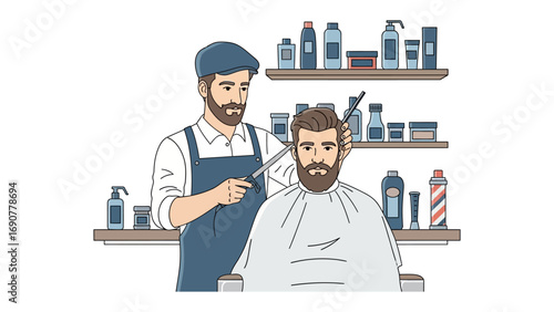 Friendly barber with beard and apron carefully cuts hair of a client sitting in a chair with a cape in a modern barbershop