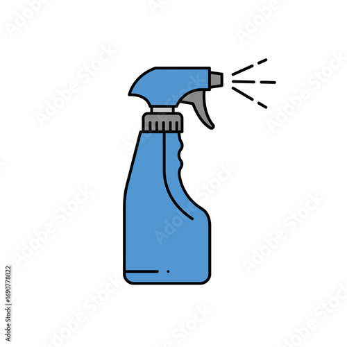 Blue spray bottle dispenses cleaning solution on white surface, symbolizing hygiene and sanitation in a minimalist style.