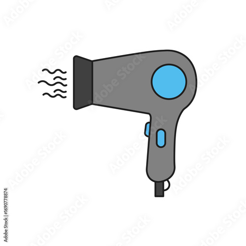 Gray hair dryer blowing hot air on white surface, simple style, representing beauty and personal care, clean and minimalist design.