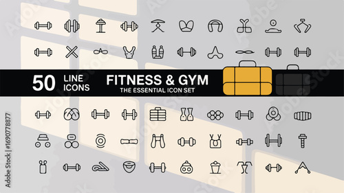 A collection of 50 minimalist line art fitness and gym icons arranged in a grid layout. Editable stroke.