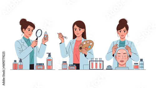 Three female scientists in lab coats conducting cosmetic research and development with magnifying glass palette and facial analysis
