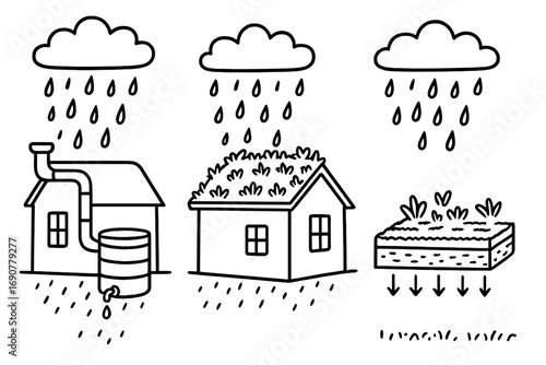 Sustainable water management concepts showing rainwater harvesting with a rain barrel, a green roof on a house, and a permeable surface for ecological architecture