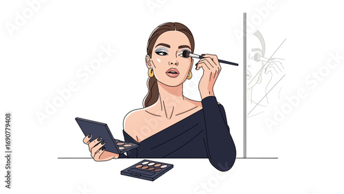 Stylish young woman applying eye shadow with a brush holding a makeup palette in a modern illustration style