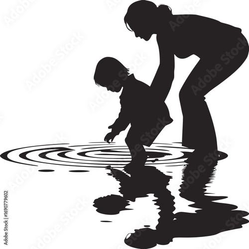 Mother and Child Playing in Water Puddle