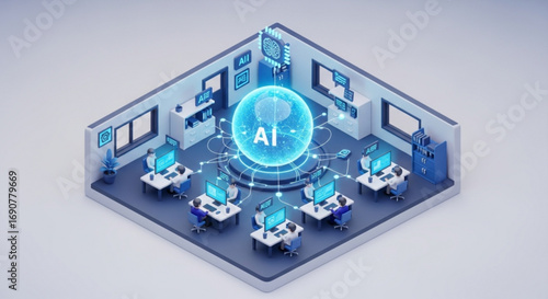 Isometric view of an aipowered office space, showcasing interconnected computers and a central ai hub, symbolizing the future of technology
